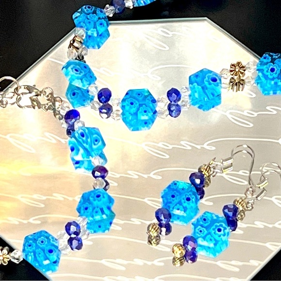 Hand Crafted Jewelry - Hand Crafted Aqua & Cobalt Blue Millefiori Set Necklace, Bracelet & Earrings